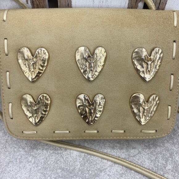 DONALD J PLINER Tan & Gold Suede Crossbody Purse Hammered Silver Hearts RARE - Picture 6 of 12